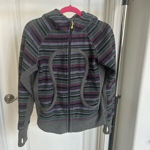 Lululemon Vintage Gray Purple Pattern Striped Zip Up Hoodie Front Logo Design